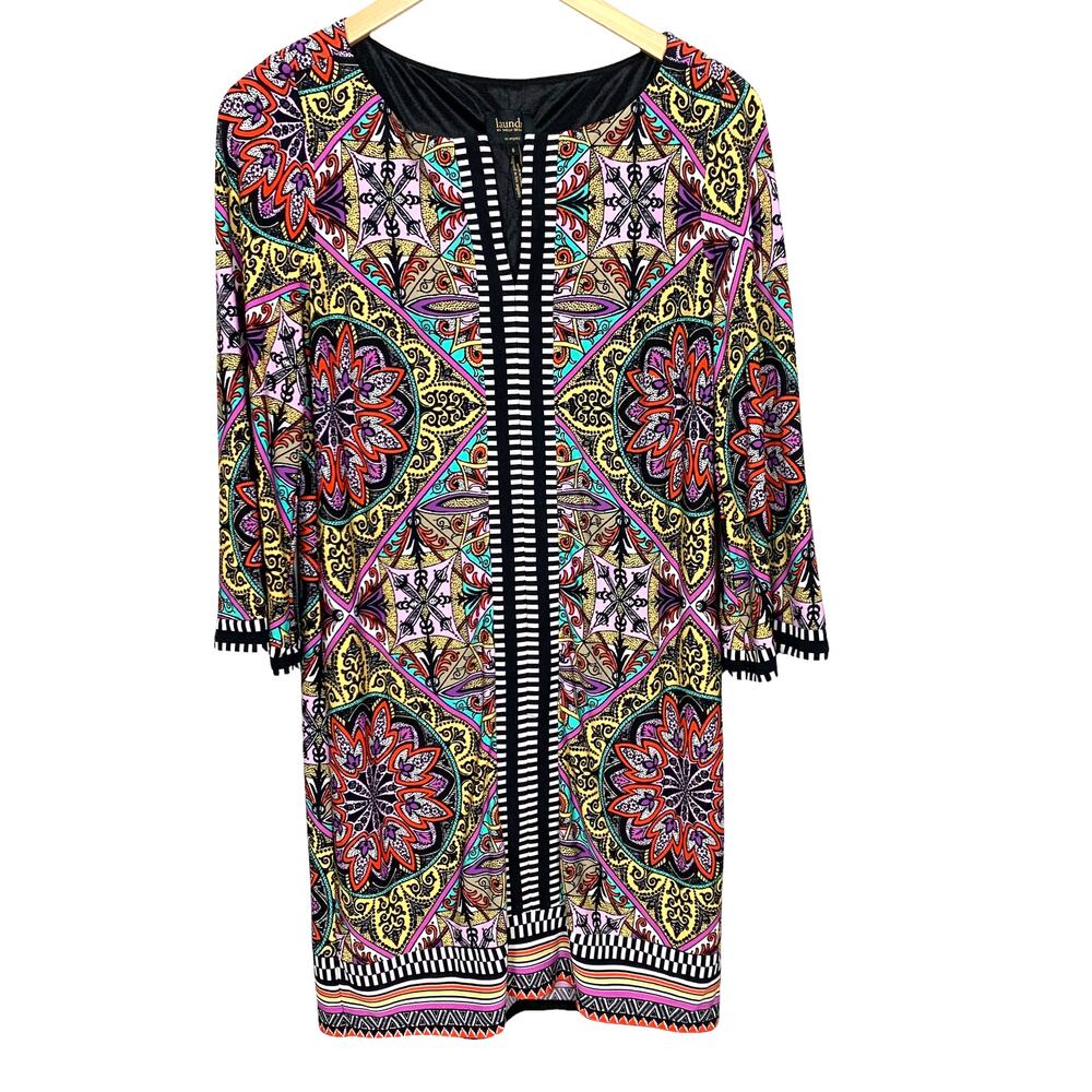 Laundry Shelli Segal Medallion Geometric Print Shift Dress Split Neck 6 S Small